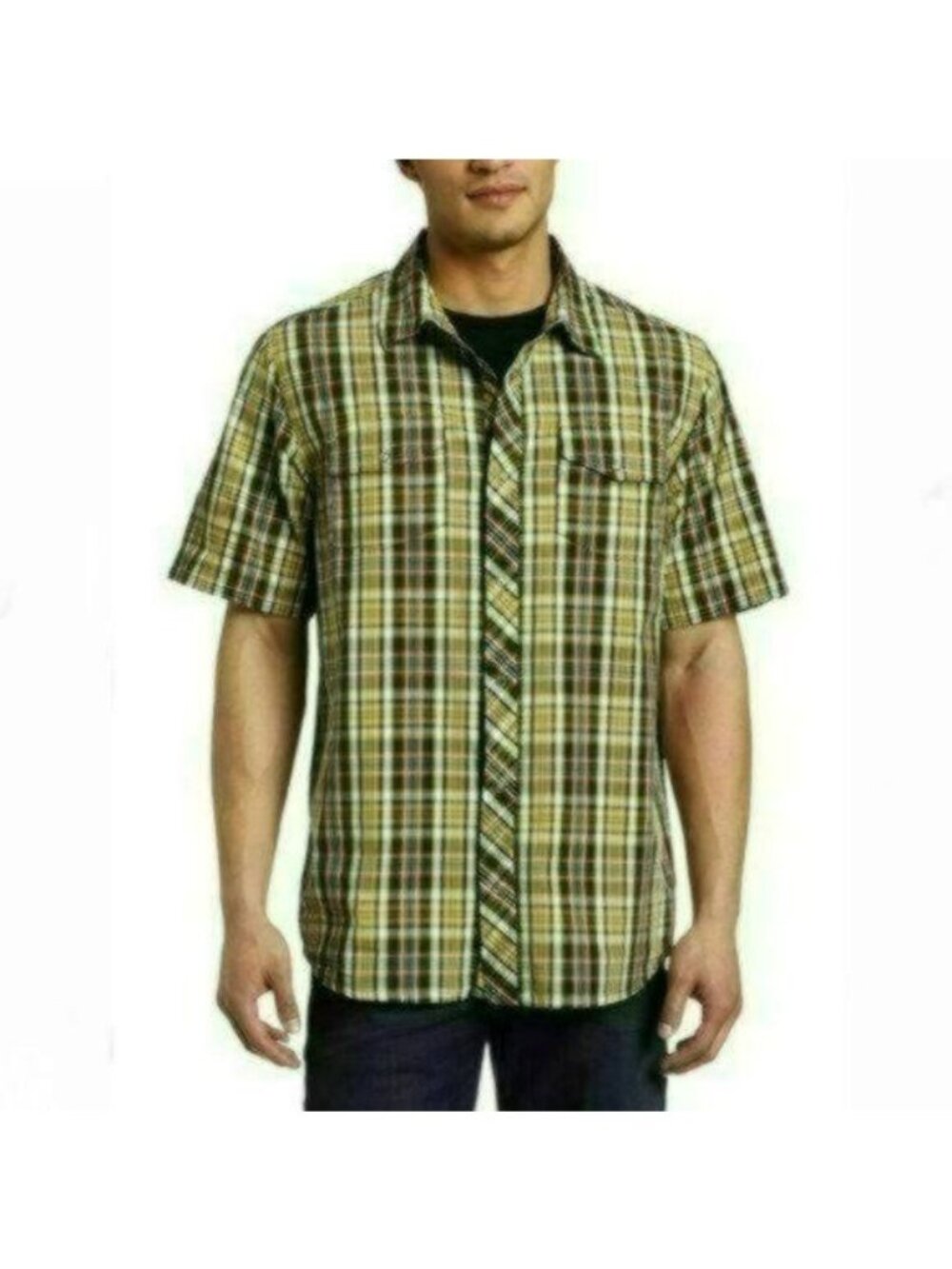 Prana Whiskey Men's Medium Green Black Plaid Cotton Lightweight Snap Up Shirt